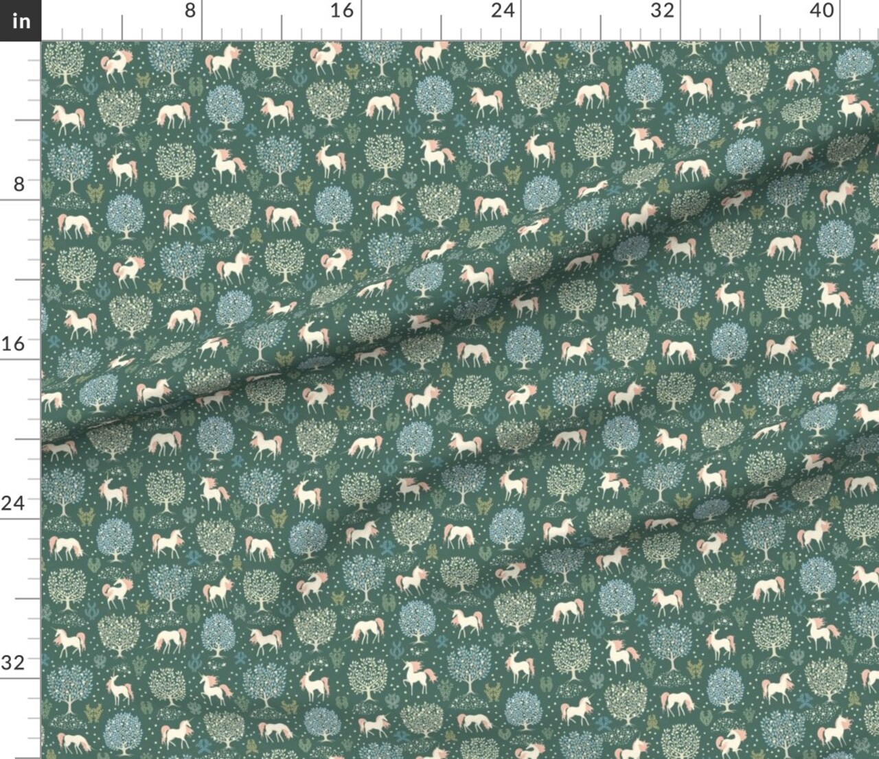 Green Forest Trees Fantasy Princess Woods Renaissance Unicorns Magical Tapestry Fairytale Mythic Small Scale Custom Printed Fabric by Spoonflower Various Fabrics by the Yard or Fat Quarter